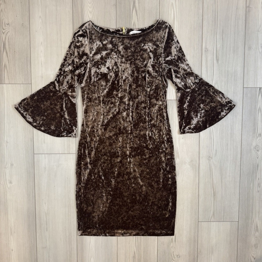 Calvin Klein Gray Velvet Sheath Dress 3/4 Bell Sleeve‎ Dress Unlined Size 12